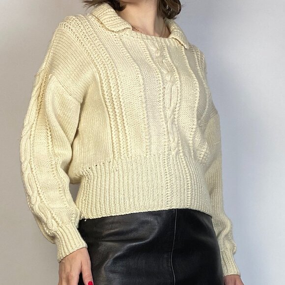 Vintage Cream CABLE Knit FISHERMAN Sweater with Collar Detail! Small to Medium - Picture 8 of 8